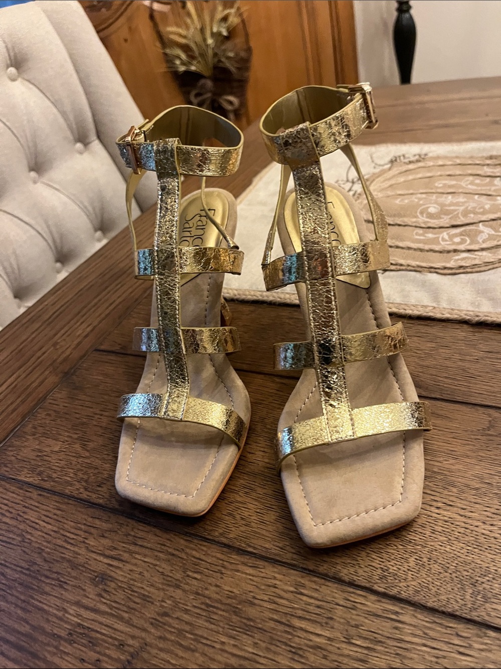 Franco Sarto Metallic Gold Strappy T-Block Sandals